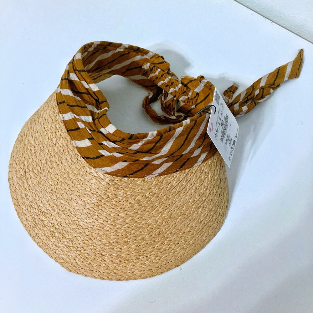 Zara NWT RAFFIA 0653/231/707 Scarf Sun Visor with Brown Striped Band - Picture 2 of 7